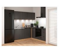 Cuisine d'angle complète 200x200 cm - -, Meubles de cuisine modulables coloris Gris graphite/Chêne bernstein, plan de travail Noir inclus - PEGANE -