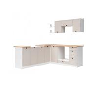 Cuisine d'angle complète 200x220 cm, Meubles de cuisine modulables coloris blanc/uni cachemire, plan de travail chêne doré inclus