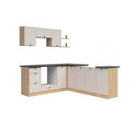 Cuisine d'angle complète 200x220 cm, Meubles de cuisine modulables coloris chêne Bernstein/Uni cachemire, plan de travail inclus