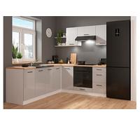 PEGANE Cuisine d'angle complète 200x220 cm, Meubles de Cuisine modulables Coloris Gris Clair Brillant/Blanc, Plan de Travail Non Inclus