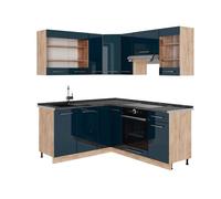 Cuisine d'angle Fame-Line, 190 x 160 cm, PT Anthracite, Bleu foncé brillant/Chêne de force doré, Vicco 49786