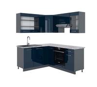 Cuisine d'angle Fame-Line, 190x60cm, PT Marbre, Bleu foncé brillant/Anthracite, Vicco 49737