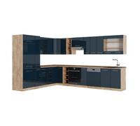Cuisine d'angle Fame-Line, 347 x 257 cm sans PT, Bleu foncé brillant/Chêne de force doré, Vicco 49794