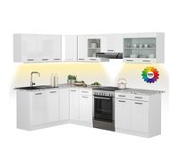Cuisine d'angle R-Line, 267 x 167 cm, PT Marbre avec bande LED, Blanc Haute brillance/Blanc, Vicco 51934