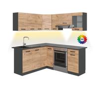 Cuisine d'angle Rick, 187 x 167 cm AP Anthracite avec bandes LED, Chêne de force doré/Anthracite, Vicco 51932