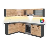Cuisine d'angle Rick, 267 x 167 cm, PT À motifs noirs avec bande LED, Chêne de force doré/Anthracite, Vicco 51933