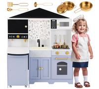 Cuisine de jeu pour enfants - Grande cuisine de jeu en bois - Multifonctionnelle, avec machine à café, extracteur de jus et tableau noir, design de maison créatif, ustensiles de cuisine inclus, 90 x