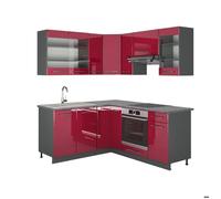 Cuisine en angle Fame-Line, 190x46cm sans PT, Rouge bordeaux Haute brillance/Anthracite, Vicco 35802