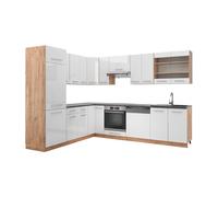 Cuisine en angle Fame-Line, 287 x 227 cm sans PT, Blanc Haute brillance/Chêne de force doré, Vicco 38643