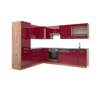 Cuisine en angle Fame-Line, 287 x 227 cm sans PT, Rouge bordeaux Haute brillance/Chêne de force doré, Vicco 38645