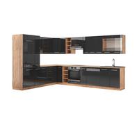 Cuisine en angle Fame-Line, 347 x 257 cm sans PT, Anthracite Haute brillance/Chêne de force doré, Vicco 38700