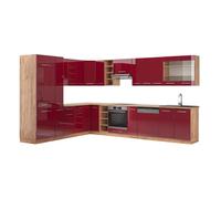 Cuisine en angle Fame-Line, 347 x 257 cm sans PT, Rouge bordeaux Haute brillance/Chêne de force doré, Vicco 38701