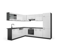 Cuisine en angle R-Line, 227 x 287 cm sans plan de travail, Blanc brillant/Anthracite, Vicco