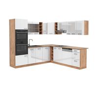 Cuisine en angle R-Line, 237 x 60 cm sans plan de travail, Blanc brillant/Chêne doré, Vicco