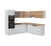 Cuisine en angle R-Line, 247 x 237 cm armoires bicolores, PT Chêne, Blanc-Chêne de force doré/Blanc, Vicco 58719