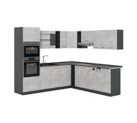 Vicco Cuisine en Angle R-Line, Béton/Anthracite, 247 x 237 cm | 14 Modules · Pieds réglables en hauteur · Sans plan de travail · Façades robustes · Avec armoire four/micro-ondes