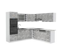 Vicco Cuisine en Angle R-Line, Béton/Blanc, 247 x 237 cm | 14 Modules · Pieds réglables en hauteur · Sans plan de travail · Façades robustes · Avec armoire four/micro-ondes