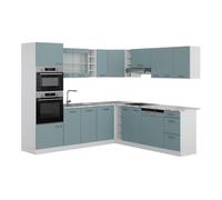 Vicco Cuisine en Angle R-Line, Bleu-Gris/Blanc, 247 x 237 cm | 14 Modules · Pieds réglables en hauteur · Sans plan de travail · Façades robustes · Avec armoire four/micro-ondes