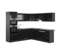 Vicco Cuisine en Angle R-Line, Noir Brillant/Anthracite, 247 x 237 cm | 14 Modules · Pieds réglables en hauteur · Sans plan de travail · Façades robustes · Avec armoire four/micro-ondes