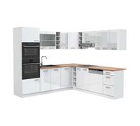 Cuisine en angle R-Line, 247x60cm, PT Chêne, Blanc Haute brillance/Blanc, Vicco