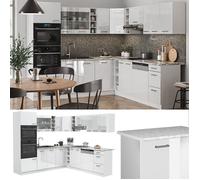 Cuisine en angle R-Line, 247x60cm, PT Chêne, Blanc Haute brillance/Blanc, Vicco 42205