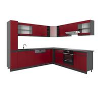 Cuisine en angle R-Line, 277 x 257 cm J-Shape, sans plan de travail, Rouge/Anthracite, Vicco 39851