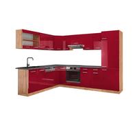 Cuisine en angle R-Line, 287 x 227 cm, PT Anthracite, Rouge brillant/Chêne de force doré, Vicco 43066