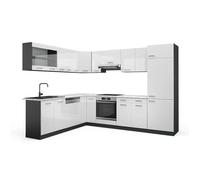 Cuisine en angle R-Line, 287 x 227 cm, PT Marbre, Blanc Haute brillance/Anthracite, Vicco 42936