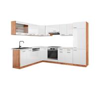 Cuisine en angle R-Line, 287 x 227 cm, PT Marbre, Blanc Haute brillance/Chêne de force doré, Vicco 43301