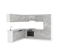 Vicco Cuisine en Angle R-Line, Béton/Blanc, 287 x 227 cm | 12 Modules · Pieds réglables en hauteur · Sans plan de travail · Façades robustes · Avec armoire pour réfrigérateur