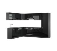 Vicco Cuisine en Angle R-Line, Noir Brillant/Anthracite, 287 x 227 cm | 12 Modules · Pieds réglables en hauteur · Sans plan de travail · Façades robustes · Avec armoire pour réfrigérateur