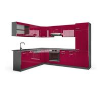 Vicco Cuisine en Angle R-Line, Rouge Brillant/Anthracite, 287 x 227 cm | 12 Modules · Pieds réglables en hauteur · Sans plan de travail · Façades robustes · Avec armoire pour réfrigérateur
