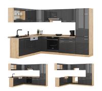 Cuisine en angle R-Line, 287x46cm sans PT, Anthracite Haute brillance/Chêne de force doré, Vicco