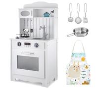 Cuisine en bois blanc avec tablier, accessoires et lampe LED