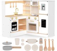 Mamabrum Cuisine Enfants en Bois XXXL - Ensemble Cuisine d'angle Interactive avec Réfrigérateur, Four, Micro-Ondes, ÉVier, Lave-Vaisselle et Accessoires, 88x99x89cm, 3+ Ans