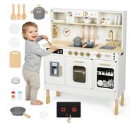 Mamabrum Cuisine Enfant en Bois Interactive LED - Hauteur Réglable 88-104cm avec Micro-Ondes, Lave-Vaisselle, Machine à Café et 15 Accessoires