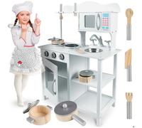 Cuisine en bois pour enfants - JANSHOP - 60x30x85 cm - Blanc - Accessoires inclus - Micro-ondes avec porte ouvrante