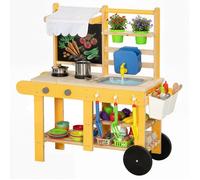 Cuisine enfant - AIYAPLAY - avec roulettes - eau courante, évier, plaque de cuisson - bois - 84,2 x 34,4 x 90 cm - jaune