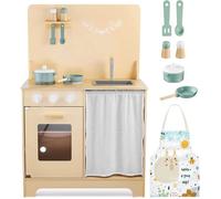 Mamabrum – Cuisine enfant en bois – Modèle beige – Éclairage LED – Tablier – 86x55x29,5 cm