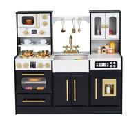 Cuisine Enfant COSTWAY en Bois 3Ans+, 12 Accessoires, Lumières et Sons, avecMachine à Glace, Micro-ondes, Machine à Café Noir