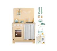 Cuisine Enfant en Bois avec Eclairage LED (Hauteur) 86 x 55 x 29.5 CM+ Tablier & Accessoires en Bois - Four Placard Rideau - CE & EN