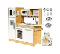 Cuisine Enfant En Bois Eclairage LED XXL 93 x 30 x 83 CM Ustensiles Tablier Frigo Micro-ondes Plaque Certifiée CE & EN _Blanc