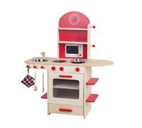 Cuisine Enfant En Bois Roba - Naturel/Rouge - Jeu De Rôle Avec Four, Plaques De Cuisson, Évier Et Robinet