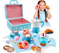 Cuisine Enfant Ensemble,Dinette Enfant, Accessoire Cuisine Enfant avec Dessert Couverts et Couverture Pique-Nique,Panier Pique Nique Cuisine Exterieur Enfant pour Enfants 3 4 5 Ans (Bleu)
