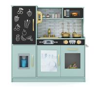 Cuisine Enfants COSTWAY 3 - 6 Ans en Bois avec Téléphone, Tableau Noir, Micro-ondes, Machine de Glaçons, 7 Accessoires Vert