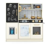 Cuisine Enfants COSTWAY 3 - 6 Ans en Bois avec Téléphone, Tableau Noir, Micro-ondes, Machine de Glaçons, 7 Accessoires Beige
