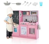 Cuisine Enfants en Bois DREAMADE avec Sons, Tableau Noir, Téléphone, Cuisinières, Lave-vaisselle, Machine à Glaçons, Four, Rose