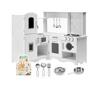 Cuisine Enfants En Bois XXXL Angle - Disposition L - Grand Frigo Plaque de Cuisson Lave Linge Micro-ondes Accessoires Certifiée CE - Blanche