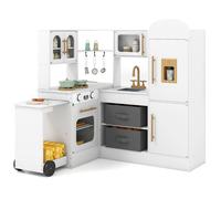Cuisine Enfants XL Interactif COSTWAY en Bois - 3 Ans+ avec Plateau Rétractable, Lumières et Sons 16 Accessoires Blanc