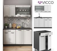 Vicco Cuisine R-Line, Blanc Campagne, 140cm | 4 Modules · Pieds réglables en hauteur · Sans plan de travail · Façades en MDF · Avec armoire vitrée